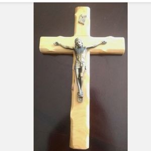 Handmade olive wood hanging cross 8"
